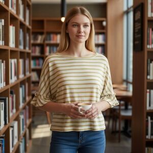 Cupcakes and Cashmere shirt linen blend white yellow stripes 3/4 sleeves sz S